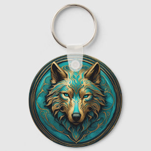 Porte-clés Loup Turquoise et Or