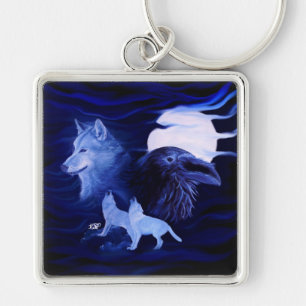 Porte-clés Loups et corbeau avec pleine lune