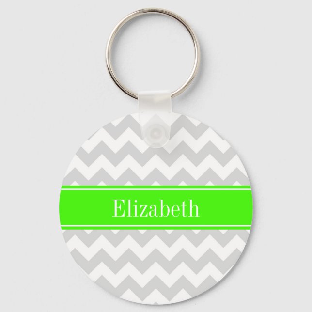 Porte-clés Lt Grey Blanc Chevron Lime Vert Nom Monogramme (Recto)