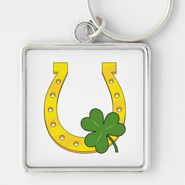 Porte-clés Lucky Golden Horseshoe avec Shamrock en blanc (Devant)