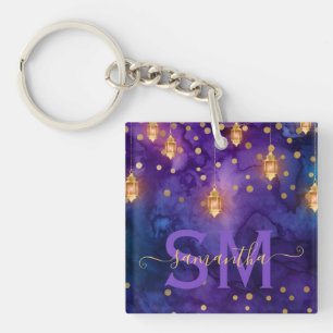 Porte-clés Lueur de lanterne violette et bleue Monogramme