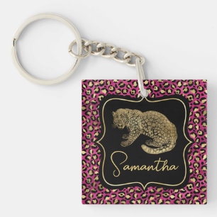 Porte-clés Luxueux imprimé léopard rose or monogramme animali