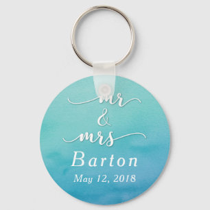 Porte-clés "M. & Mme" Turquoise & Mariage bleu avec date