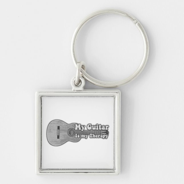 Porte-clés Ma guitare est ma thérapie. dos et guitare blanche (Devant)