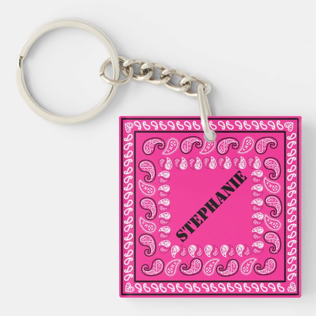 Porte-clés Magenta Rose Paisley Bandana Personnalisé (Devant)