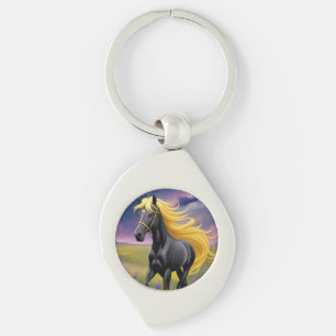 Porte-clés Magnifique cheval noir à la crinière dorée ondoyan