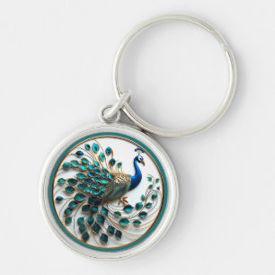 Porte-clés Magnifique Paon Or Turquoise 