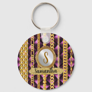 Porte-clés Magnifique Velours Violet Or Monogramme Élégant Ch
