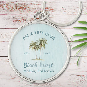 Porte-clés Maison de plage moderne avec palmiers en bois bleu