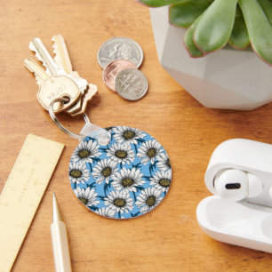 Porte-clés Maisonnettes, fleurs sauvages sur bleu