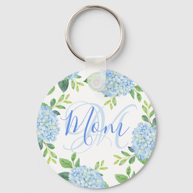 Porte-clés Maman Floral Bleu Hydrangée Aquarelle moderne (Recto)