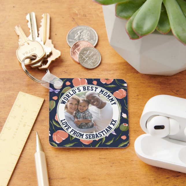 Porte-clés Maman Modèle photo personnalisé Motif de fleurs (Bureau)