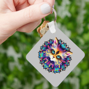Porte-clés Mandala avec portrait de chat mignon et duveteux