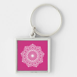 Porte-clés Mandala blanc sur fond rose