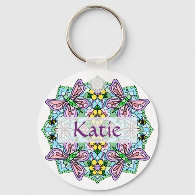 Porte-clés Mandala de papillon rose et bleu personnalisé (Recto)