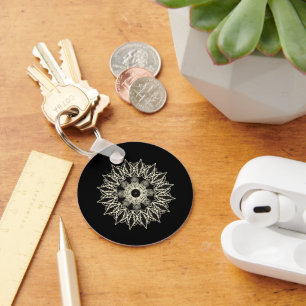 Porte-clés Mandala dentelle géométrique blanc cassé