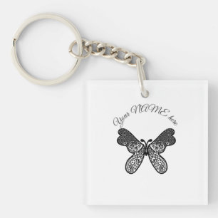 Porte-clés Mandala papillon boho complexe noir et blanc A