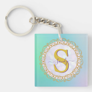 Porte-clés Mandala personnalisé à monogramme or et bleu