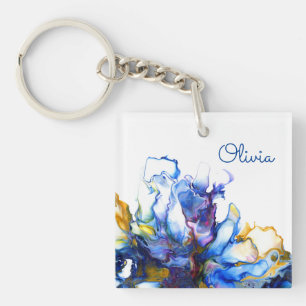 Porte-clés Marbre bleu personnalisé Agate Fluid Art Nom