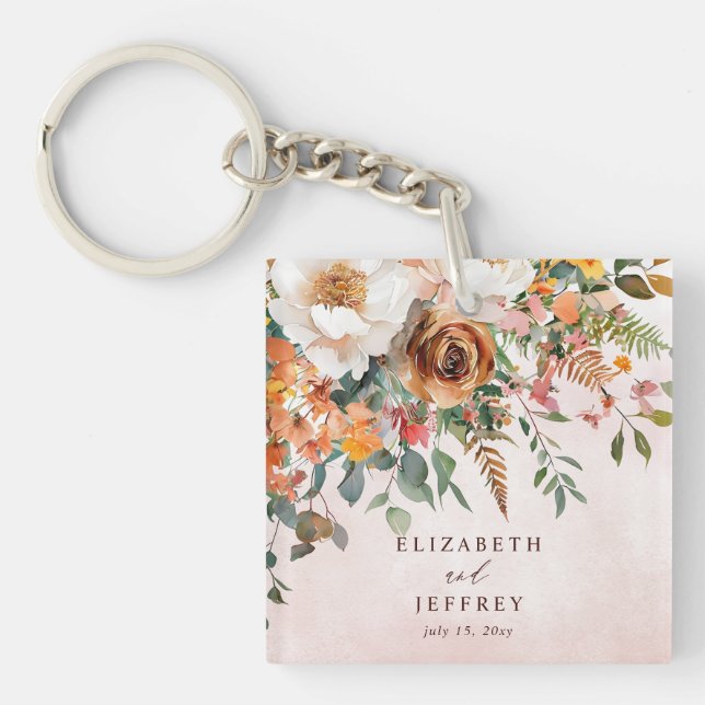 Porte-clés Mariage Automnal Floral Orange Rustique (Devant)