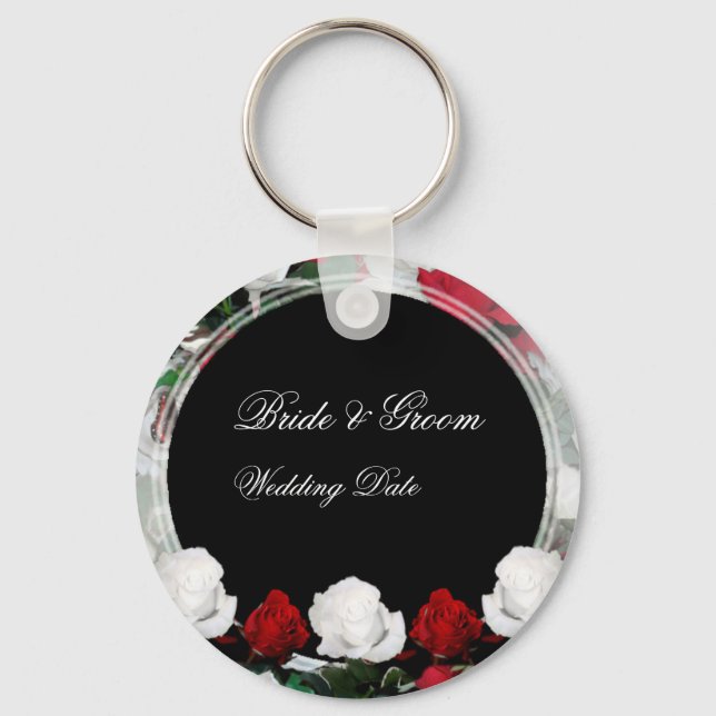 Porte-clés Mariage blanc & rouge Roses Mariée & Salle Faveur  (Recto)
