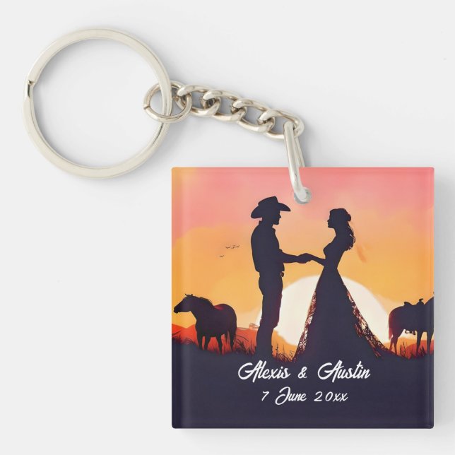 Porte-clés Mariage Cowboy et Cowgirl en Silhouette (Devant)