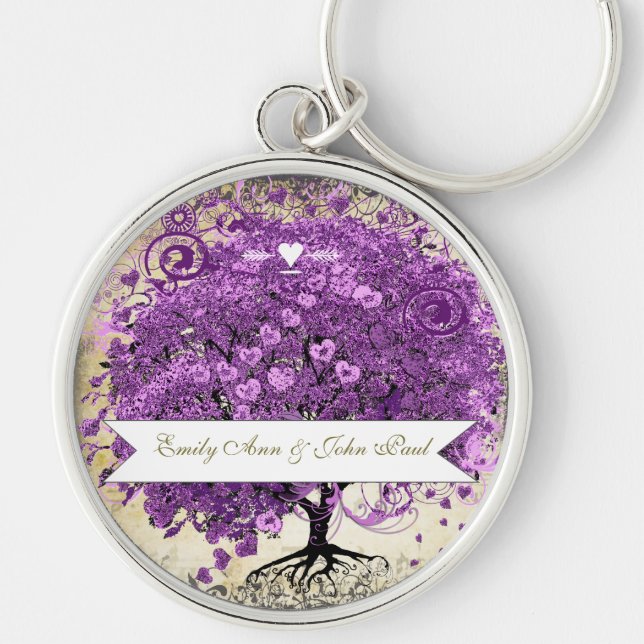 Porte-clés Mariage de feuille d'arbre de coeur violet radiant (Devant)