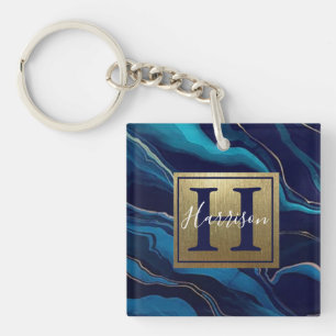 Porte-clés Marine Blue Agate Marbre Gold Nom et Monogramme