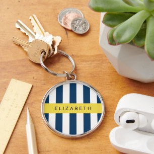 Porte-clés Marine Blue Stripes, Motif rayé, Votre nom