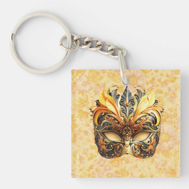 Porte-clés Masque de plumes jaunes sur motif floral (Devant)