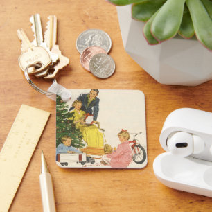 Porte-clés Matin de Noël vintage, famille ouvrant des cadeaux