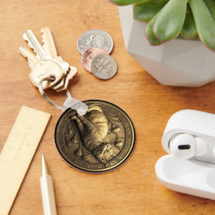 Porte-clés Médaillon de chats assis en or