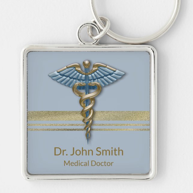 Porte-clés Médicale bleu clair Caduceus Faux Gold Foil (Devant)