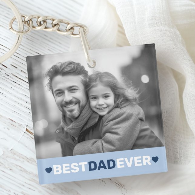 Porte-clés Meilleur papa jamais coeur photo bleu fête des pèr (Best dad ever photo hearts blue fathers day keychain)