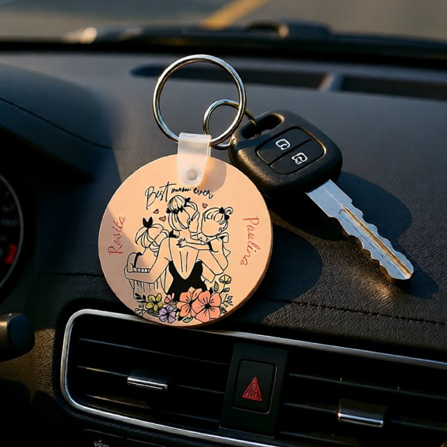 Porte-clés Meilleure maman maman jamais maman, enfants et fle (Best Mom Ever Floral Mother & Kids Illustration Keychain)