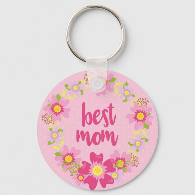 Porte-clés Meilleure maman Porte - clé rose avec fleurs (Recto)