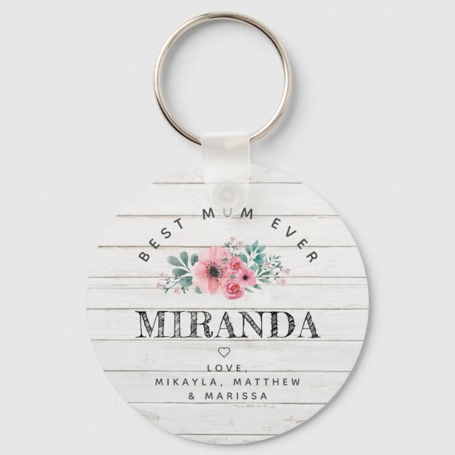 Porte-clés Meilleure maman Toujours bois blanc et fleurs rose (Recto)