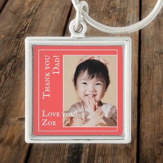 Porte-clés Merci papa en rouge et blanc, photo et nom