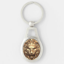 Porte-clés métallique tête de lion doré rugissant