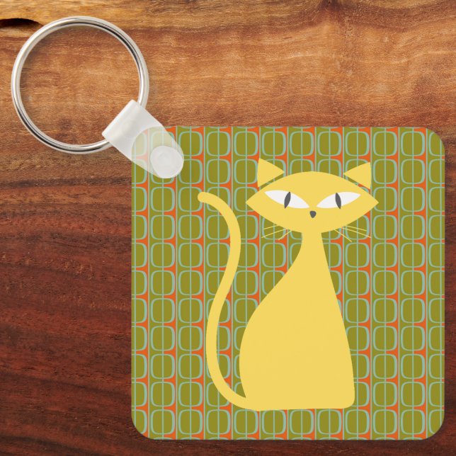 Porte-clés Mid Century Modern Cat on Geometric Pattern (Recto)