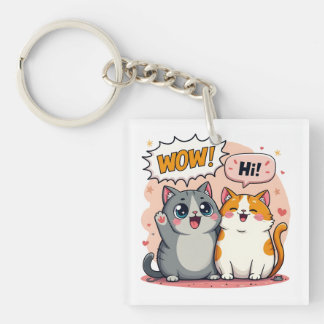 Porte-clés mignon chat Kawaii disant Wow et Salut