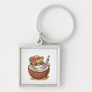 Porte-clés Mignon Kawaii Chat au Coco Lunettes d'Été Autocoll