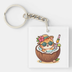 Porte-clés Mignon Kawaii Chat Cocotier Lunettes Été BSticker