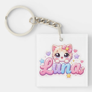 Porte-clés Mignon Kawaii Luna Nom de Chat Pastel Rose Étincel