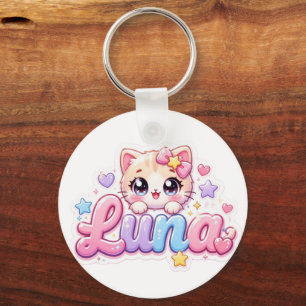 Porte-clés Mignon Kawaii Luna Nom de Chat Pastel Rose Étincel