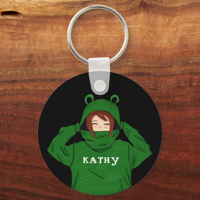 Porte-clés Mignonne fille avec grenouille verte Hoody Dessin  (Recto)