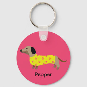 Porte-clés Mignonne Jaune et Rose Dachshund Nom du chien Drôl