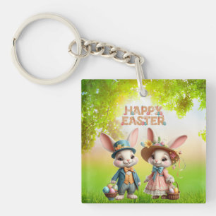 Porte-clés Mignonne, Whimsical Joyeuse Pâques avec 2 lapins
