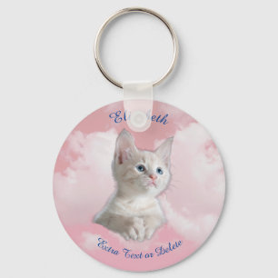Porte-clés Mignonne White Kitten Pink Sky, Blue Name & Extra