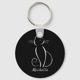 Porte-clés Minimaliste Chat Blanc Sur Noir Ajouter Nom
